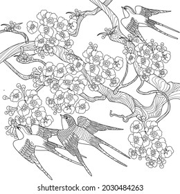 Página de coloreo de la terapia artística. Trague las aves en un estilo vintage con ramas de cerezo florecientes. Arte de grabado lineal. Concepto romántico.