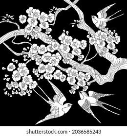 Art therapy coloring page. Swallow birds in vintage style with blossoming cherry branches. Linear engraving art. Romantic concept.