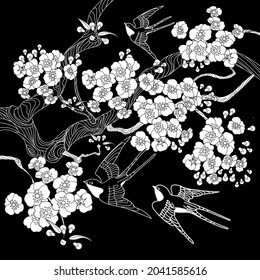 Art therapy coloring page. Swallow birds in vintage style with blossoming cherry branches. Linear engraving art. Romantic concept.