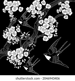 Art therapy coloring page. Swallow birds in vintage style with blossoming cherry branches. Linear engraving art. Romantic concept.