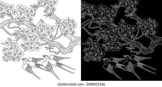 Kunsttherapie-Farbseite. Schlucken Sie Vögel im Vintage-Stil mit blühenden Kirschbrannten. Lineare Gravitation. Romantisches Konzept.