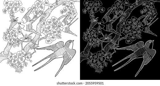 Art therapy coloring page. Swallow birds in vintage style with blossoming cherry branches. Linear engraving art. Romantic concept.