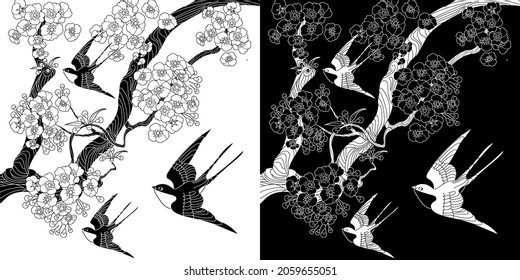 Art therapy coloring page. Swallow birds in vintage style with blossoming cherry branches. Linear engraving art. Romantic concept.