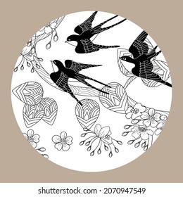 Art therapy coloring page. Swallow birds in vintage style with blossoming cherry branches. Linear engraving art. Romantic concept.