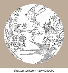 Art therapy coloring page. Swallow birds in vintage style with blossoming cherry branches. Linear engraving art. Romantic concept.