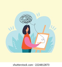 Art therapy. The girl is engaged in drawing for mental health, peace of mind, solving psychological problems. Flat vector concept. Vector illustration