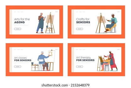 Art Therapy Landing Page Template Set. Old Men And Women Learn Drawing In Studio. Elderly Characters Sit At Easel Create Picture With Support Of Teacher In Workshop. Cartoon People Vector Illustration