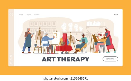 Art Therapy Landing Page Template. Old Men and Women Learn Drawing in Studio. Elderly Characters Sit at Easel Create Pictures with Support of Teacher in Workshop. Cartoon People Vector Illustration