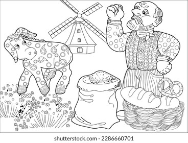 Art therapy. Page for coloring. Fairy tale Bremen Town Musicians.
