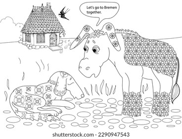 Art therapy. Page for coloring. Fairy tale Bremen Town Musicians.