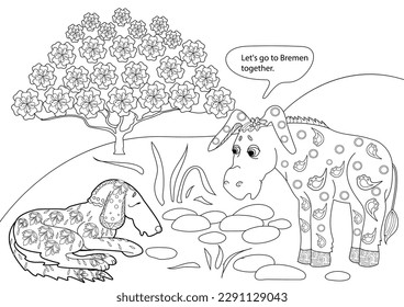 Art therapy. Page for coloring. Fairy tale Bremen Town Musicians.