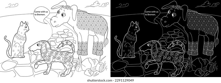 Art therapy. Page for coloring. Fairy tale Bremen Town Musicians.