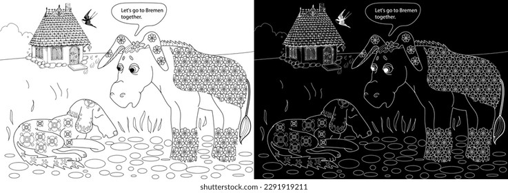 Art therapy. Page for coloring. Fairy tale Bremen Town Musicians.
