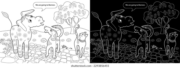 Art therapy. Page for coloring. Fairy tale Bremen Town Musicians.
