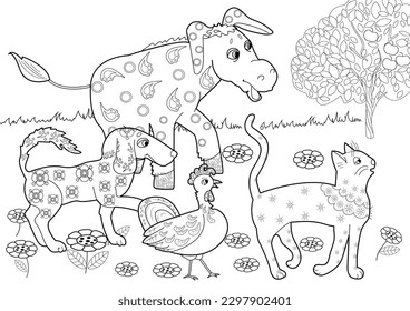 Art therapy. Page for coloring. Fairy tale Bremen Town Musicians.
