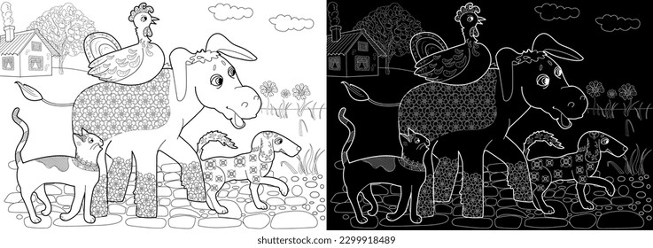 Art therapy. Page for coloring. Fairy tale Bremen Town Musicians.
