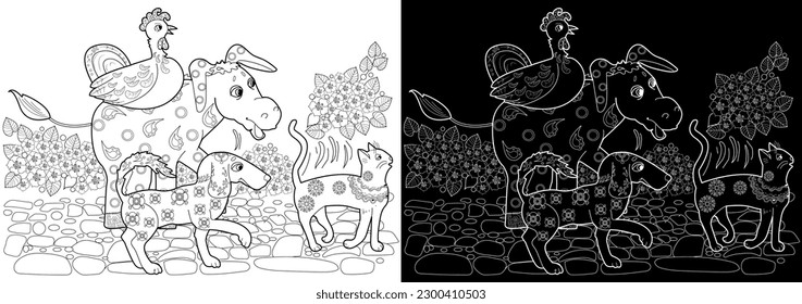 Art therapy. Page for coloring. Fairy tale Bremen Town Musicians.
