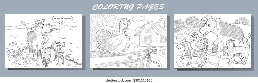 Art therapy. Page for coloring. Fairy tale Bremen Town Musicians.
