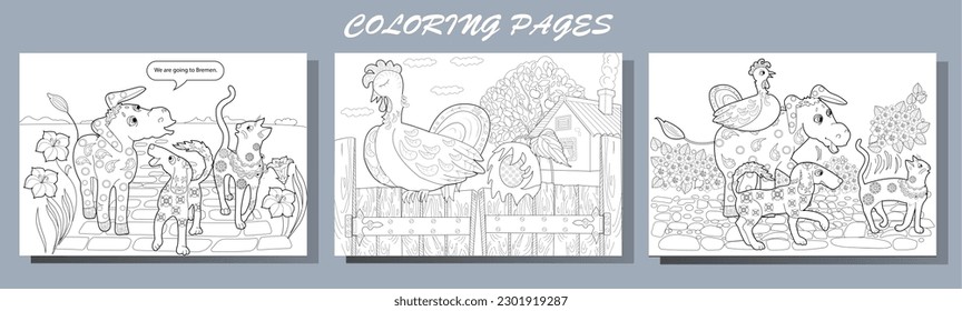 Art therapy. Page for coloring. Fairy tale Bremen Town Musicians.
