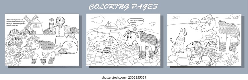 Art therapy. Page for coloring. Fairy tale Bremen Town Musicians.
