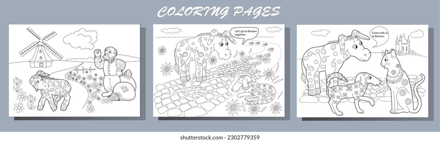 Art therapy. Page for coloring. Fairy tale Bremen Town Musicians.
