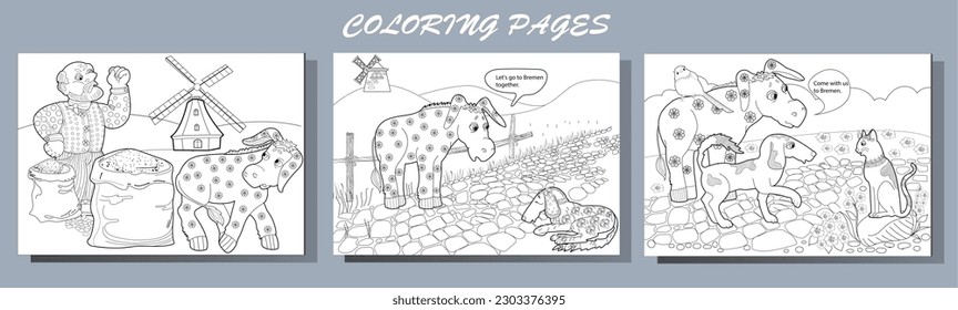 Art therapy. Page for coloring. Fairy tale Bremen Town Musicians.
