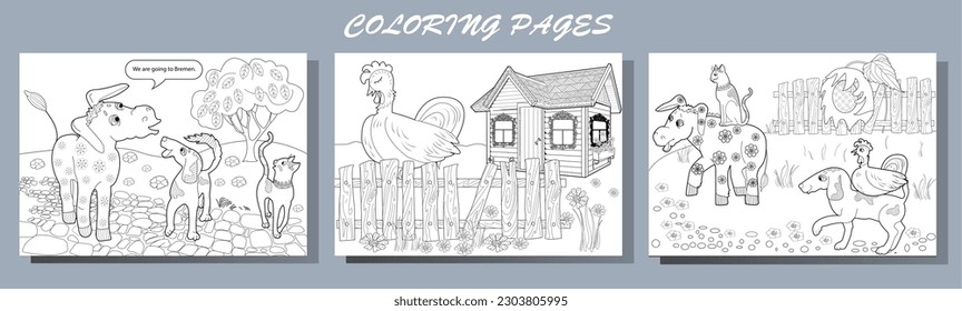 Art therapy. Page for coloring. Fairy tale Bremen Town Musicians.
