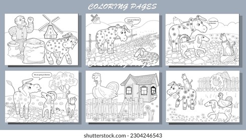 Art therapy. Page for coloring. Fairy tale Bremen Town Musicians.
