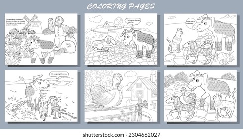 Art therapy. Page for coloring. Fairy tale Bremen Town Musicians.
