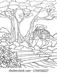 Art therapy picture coloring antistress park with flowers, trees, domi, stairs, landscape.  Vector illustration for art therapy, coloring, for greeting cards, posters, stickers, design,wallpaper. 