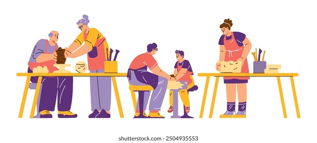 Art therapy. Pottery. Master class on clay modeling. The teachers show the man and child how to work with clay correctly. Relaxation, quiet rest. Vector illustration isolated on white background.