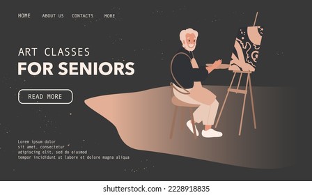 Art Therapy for Seniors poster. Cartoon flat vector illustration. Landing page template. Brochure, concept design with cartoon characters. Senior Man Artist Creative Hobby