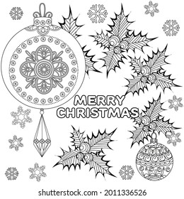 Art therapy style christmas coloring book. Holiday christmas stickers. Cute Christmas background for wallpaper, gift paper, pattern fills, textile, greetings cards.