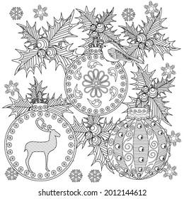 Art therapy style christmas coloring book. Holiday christmas stickers. Cute Christmas background for wallpaper, gift paper, pattern fills, textile, greetings cards.