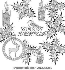 Art therapy style christmas coloring book. Holiday christmas stickers. Cute Christmas background for wallpaper, gift paper, pattern fills, textile, greetings cards.