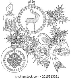 Art therapy style christmas coloring book. Holiday christmas stickers. Cute Christmas background for wallpaper, gift paper, pattern fills, textile, greetings cards.