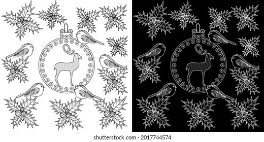 Art therapy style christmas coloring book. Holiday christmas stickers. Cute Christmas background for wallpaper, gift paper, pattern fills, textile, greetings cards.