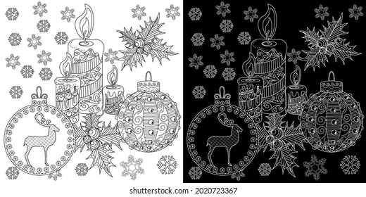 Art therapy style christmas coloring book. Holiday christmas stickers. Cute Christmas background for wallpaper, gift paper, pattern fills, textile, greetings cards.