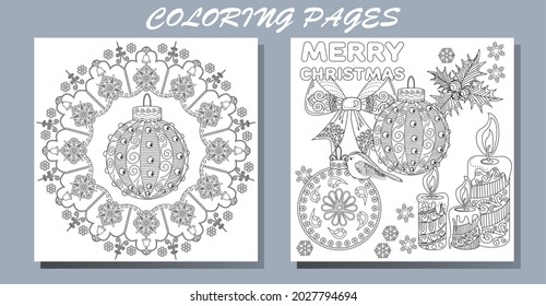 Art therapy style christmas coloring book. Holiday christmas stickers. Cute Christmas background for wallpaper, gift paper, pattern fills, textile, greetings cards.