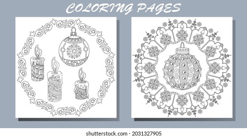 Art therapy style christmas coloring book. Holiday christmas stickers. Cute Christmas background for wallpaper, gift paper, pattern fills, textile, greetings cards.