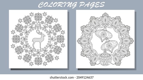 Art therapy style christmas coloring book. Holiday christmas stickers. Cute Christmas background for wallpaper, gift paper, pattern fills, textile, greetings cards.