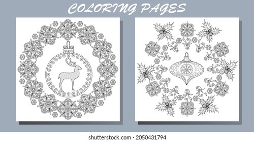 Art therapy style christmas coloring book. Holiday christmas stickers. Cute Christmas background for wallpaper, gift paper, pattern fills, textile, greetings cards.