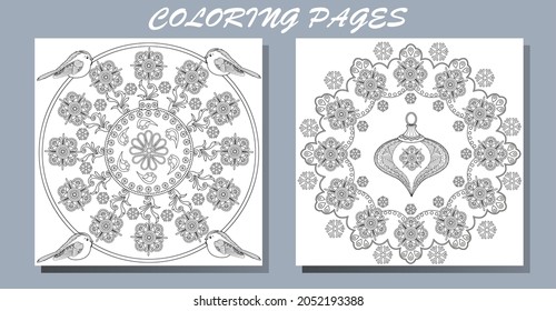 Art therapy style christmas coloring book. Holiday christmas stickers. Cute Christmas background for wallpaper, gift paper, pattern fills, textile, greetings cards.