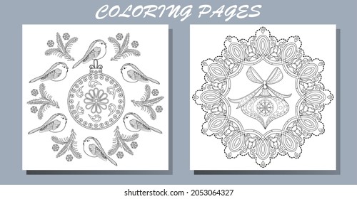 Art therapy style christmas coloring book. Holiday christmas stickers. Cute Christmas background for wallpaper, gift paper, pattern fills, textile, greetings cards.