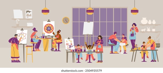 Art therapy. A vector scene showing a classroom where teachers help adults and children practice art using paints, canvas and clay, strengthening mental health