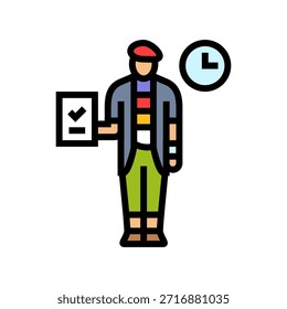 relógio art time worker e ícone de cor checklist vetor. relógio art time worker e sinal de lista de verificação. ilustração de símbolo isolado