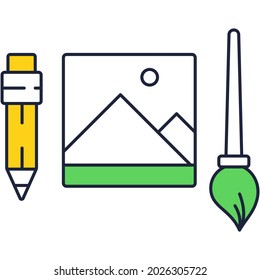 Art tool for creation vector icon flat design. Artist draw instrument and painter supplies. Paintbrush, pencil, picture frame. Image gallery and craft illustration application icon