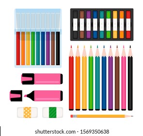 Art tools collection. Markers, color pencils and erasers, felt-tip pens and highlighter. Stationery vector illustration