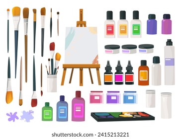 Art tools and creative materials set,Artistic toolkit graphic elements,brushes, canvas, easel various jars for acrylic paint ,palette,splashes of paint.Flat style Vector illustration