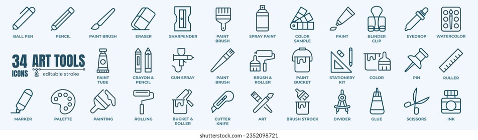 Art tools, creativity and graphic design related editable stroke outline icons set isolated on white background flat vector illustration. Pixel perfect.